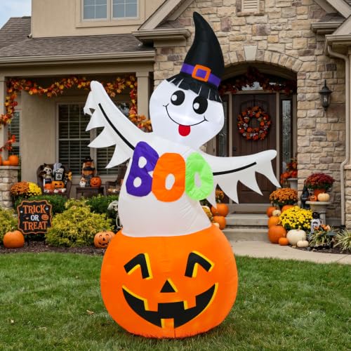 6 FT Halloween Inflatable Ghost Pumpkin with Witch Hat & Boo Sign - image 2