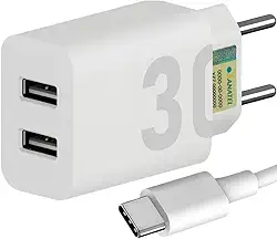 Carregador Turbo 30W Ultra Rápido Tipo C e 2 USB Com Carregamento Rápido + Cabo Tipo C Compatível Com Todos Aparelhos USB-C Acabamento Premium