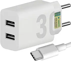 Carregador Turbo 30W Ultra Rápido Tipo C e 2 USB Com Carregamento Rápido + Cabo Tipo C Compatível Com Todos Aparelhos USB-C Acabamento Premium