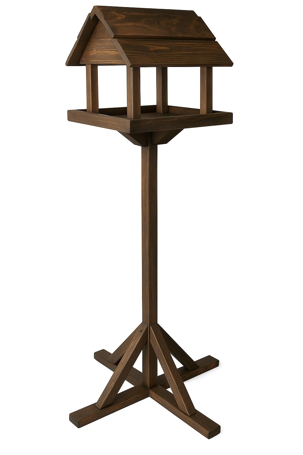 Deluxe Dark Wooden Bird Feeding Garden Table – Large Outdoor Free-Standing Bird Feeder House for Wild Birds, Traditional Rustic Wooden Bird Table with Roof Shelter for Garden, Patio & Backyard