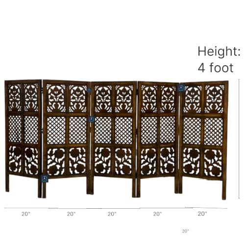 Image of Wooden Room Partition Screen with Burnt Wood Finish | Hand Buffed Traditional Handicraft Room Divider | Indoor Room Separator | Puja Room Divider (5 Panel 4 Feet)