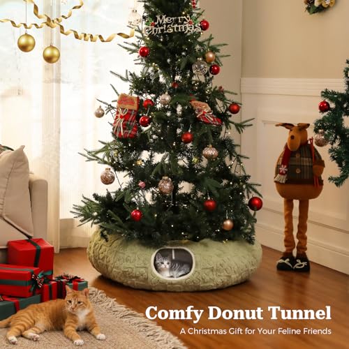 Image of PEQULTI Cat Tunnel with Bed for Indoor Cats, Cat Play Donut Tunnel with Washable Soft Plush Mat, Round Tube Toys Cute Tube for Kittens, Puppies, Rabbits and Ferrets, Green