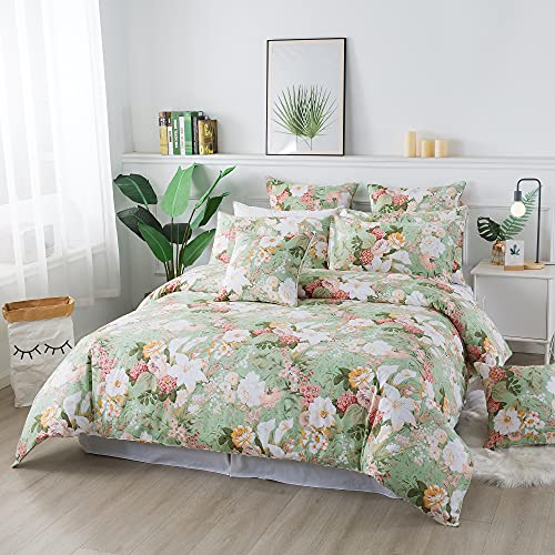 Fadfay Floral Duvet Cover Set Full 100% Cotton Girls Bedding 600 Tc Mint Green And White Flower Elegant Lily Printed Comforter Cover Zipper Corner Ties Soft Bed Cover 3 Pcs #TOP7