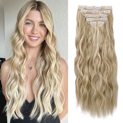 WECAN Clip in Hair Extension 24 Inch Ash Blonde Mix Bleach Blonde 6PCS Long Wavy Curly Hairpieces for Women Natural Thick Synthetic Fiber Double Weft Hair Full Head