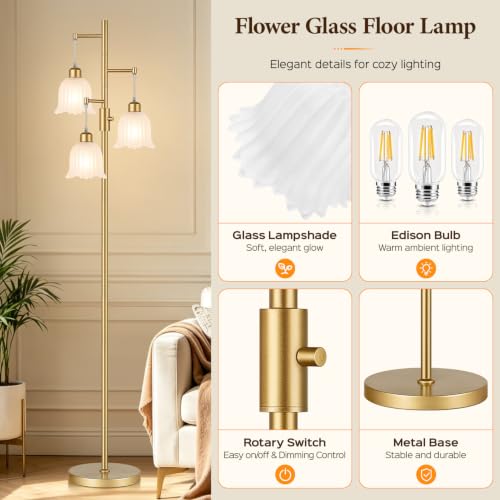 Image of Dimmable Floor Lamp, 3 x 900LM Edison Bulbs Included, Modern Gold Tree Standing Lamp with Elegant Frosted Glass Flower Shade 3 Light Vintage Floor Lamp for Living Room, Bedroom, Office