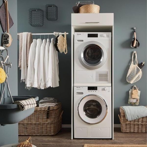 Laundreezy Waschmaschinenschrank für Trockner und Waschmaschine, Weiß - Praktischer Waschmaschinen-Überbauschrank - 67,5 x 200 x 67,5 cm (B/H/T)