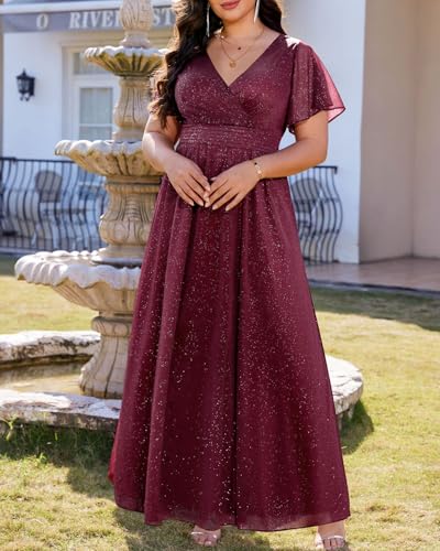Image of Talisea Plus Size Formal Dresses - V Neck Flutter Sleeve Glitter Prom Evening Gowns Wedding Guest Chiffon Long Maxi Dress