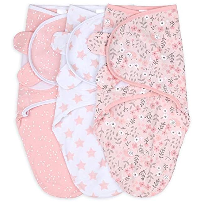 The Peanutshell Baby Swaddle Blankets Set of 3 - Baby Girl Sleep Sack for Newborn, Newborns Sack 0-3, 3-6 Month Swaddles, Soft & Breathable Cotton - Pink Floral (M/L)