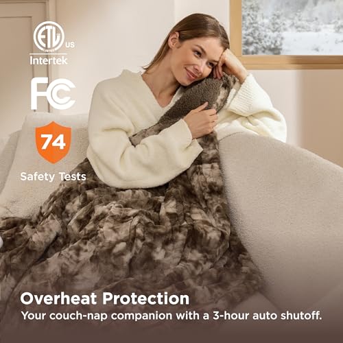 Image of Bedsure Faux Fur Heated Blanket Throw Blanket, Fast Heating Electric Blanket with 6 Heating Levels & 4 Time Settings, Cozy Gifts for Women Men (50x60 inches, Brown)