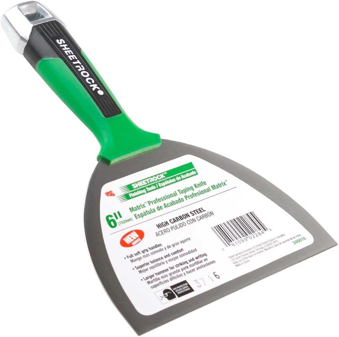 USG Sheetrock Tools 6” Matrix Carbon Steel Drywall Joint Knife, Flexible Carbon Steel Blade, Soft Grip Handle, Tapered Neck, Enlarged Hammer End