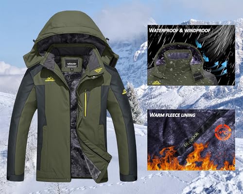 KEFITEVD Herren Winterjacke Warm Fleece Winter Jacke Thermojacke Softshell Jacke mit Kapuze Skijacke Snowboarden Wandern Männer Funktionsjacke Dunkeloliv XL