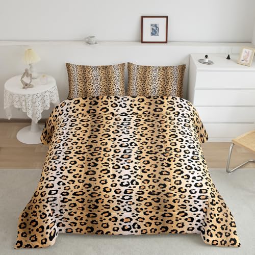 Image of Feelyou Kids Brown Leopard Comforter Twin Size, Safari Animal Fur Print Bedding Set Leopard Stripes Comforter Set for Kids Boys Girls Animal Fur Duvet Set Bed Set 2Pcs