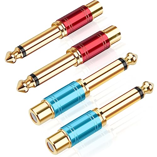 RCA to 1/4 Adapter 4 Pack, GOSYSONG 24K Gold Plated 1/4 inch to RCA Female Mono Audio Connecto(Blue*2+Red*2)