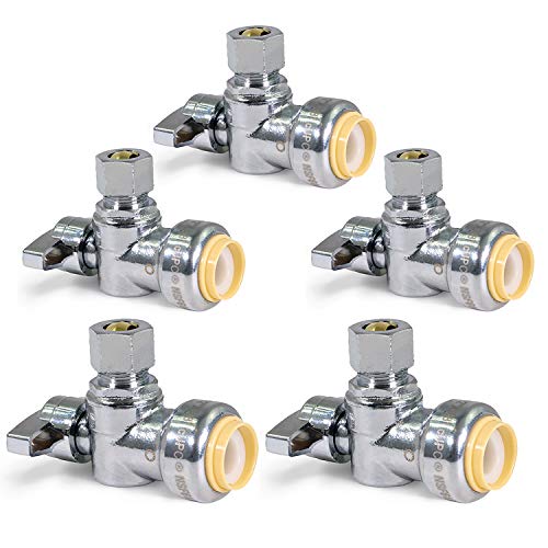 Image of Midline Valve VQBTD1214-5 Push-Fit Water Supply Stop Valve; One Piece Design; Angle Shut-off for Toilet, Sink, Dishwasher, Heater; 1 /2 in. Push x 1 /4 in. Comp; Chrome Plated Brass (5 Pack)