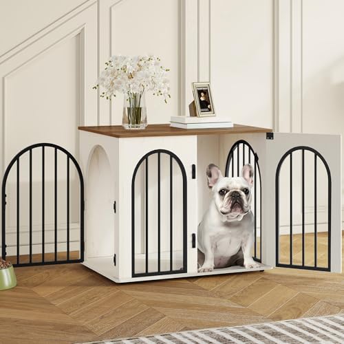 Hzuaneri 68 cm Gabbia per Cani, Tavolo Supplemento, Cuccia Moderna per Cani Interno, Gabbia per Cuccioli, Casetta per Animali, 3 porte, Porta ad arco, 49 x 68 x 56 cm, Bianco e Marrone