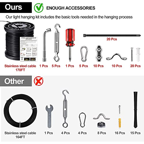 Ugarden String Light Hanging Kit With 170Ft Coated Stainless Steel 304 Tension Wire Rope, Outdoor Light Guide Wire Kit, String Lights Suspension Kit #TOP7