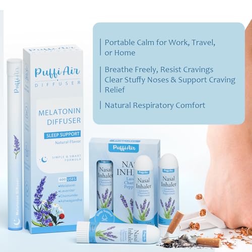 Image of PUFFIAIR Herbal Melatonin Diffuser + Lavender Nasal Sticks (3 Pack) | Lavender, Chamomile, Ashwagandha | Sleep Support, Stress Relief, Stuffy Nose Relief | 600 Uses