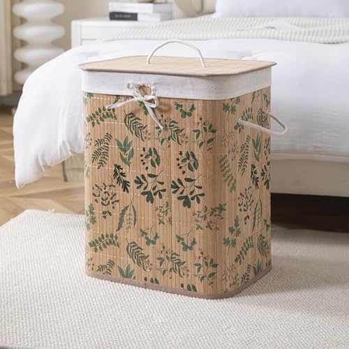 Image of HOKIPO Eco-Friendly Foldable Bamboo Laundry Basket Hamper with Lid, Large - 60 Liter, Fern Leaves (AR-5753), Multicolour