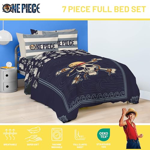 Image of One Piece Luffy Full Comforter Set 7 Piece Soft Anime Bedding, Blue
