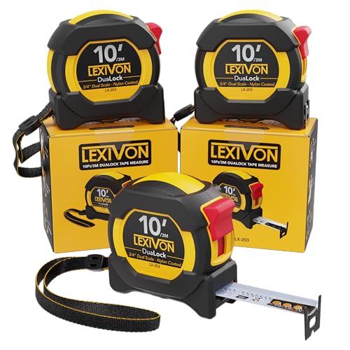 LEXIVON [3-Pack] 10Ft/3m DuaLock Mesure de la bande 3/4-Inch Lame large avec revêtement en nylon, finition mat blanc & Imprimé de la règle double face jaune Ft/Inch/Fractions/Métrique (LX-203)