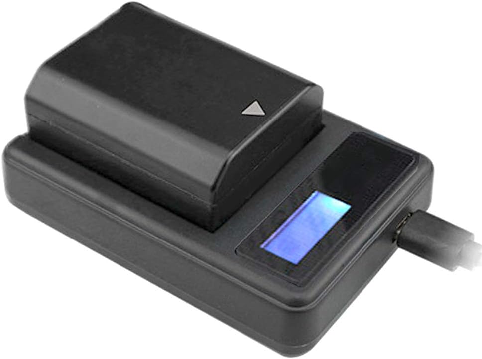 Agatige EN EL15 Camera Battery Charger with an EN-EL15 battery inserted, showing the LCD display indicating charging status