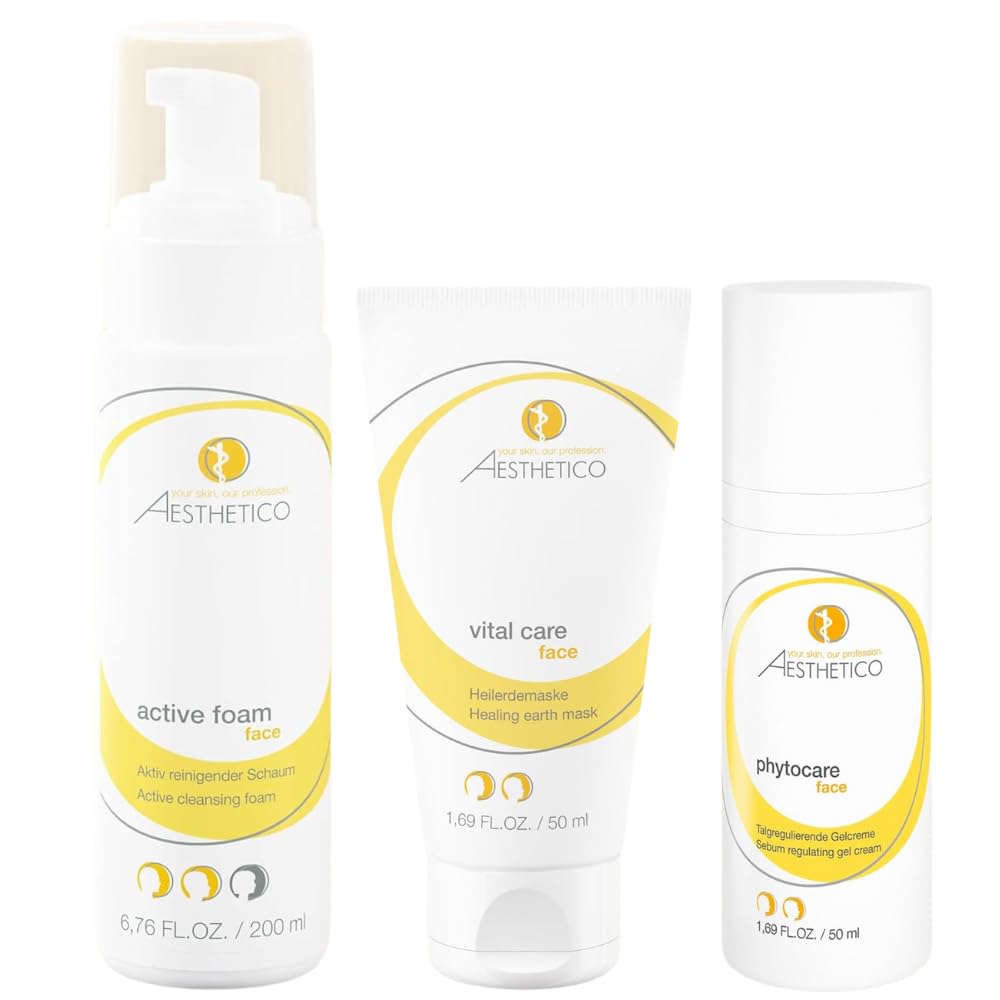 AESTHETICO 3er Sparset – Active Foam + Vital Care + Phytocare | Tiefenreinigung & Pflege für unreine Haut | Mit Glykol- & Salicylsäure, Heilerde & Sabal-Extrakt | Vegan, Made in Germany