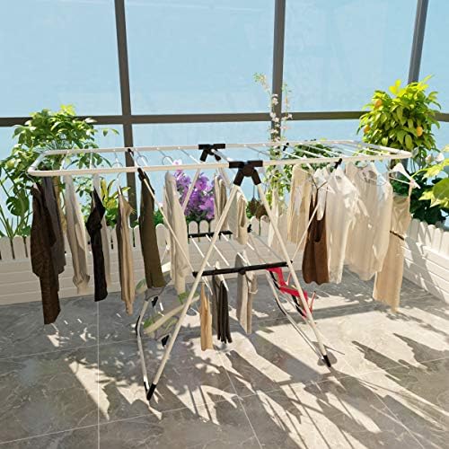 Indoor Outdoor Clothes Drying Rack Foldable Clothes Rack.Portable Folding Clothes Airer Extendable Rack with Adjustable Double Wings Drying Rails and Shoe Racks Indoor/Outdoor Use，（Negro Y P