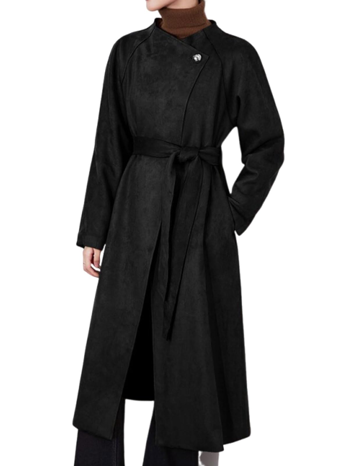 utcoco Womens Faux Suede Long Trench Coat Open Front Leather Trench Overcoat with Belt