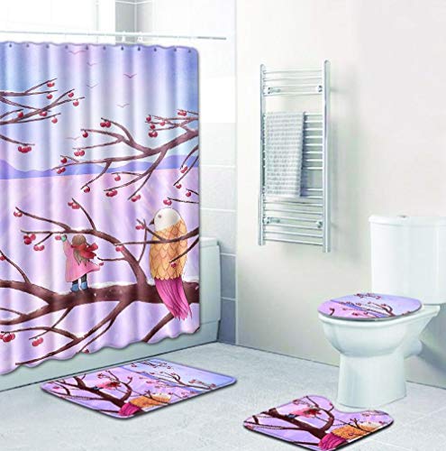 ZDDWLDL 4Pcs Duschvorhänge Set Mit Rutschfesten Teppichen,Toilettendeckel und Badematte Rosa Blume Zweig Mädchen Tier…