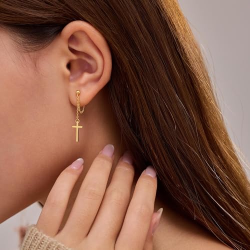 Cross Chain Studs Earrings for Women,925 Sterling Silver Cross Teardrop Chain Dangle Earrings to Daughter 14K Gold Plated Minimalist Religious Belief Earrings Dangle Earrings Christmas Jewelry Gift 6