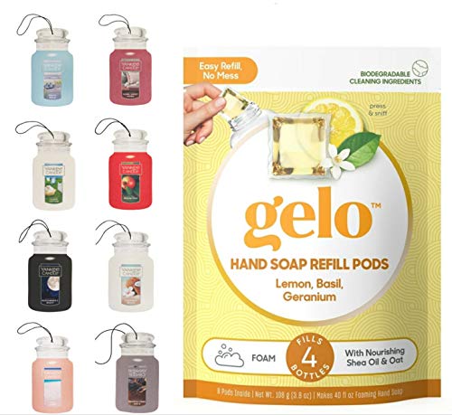 Gelo Refill Plant Based Essential Oil Hand Liquid Soap (10 oz.) Choose From: Bottle, Refill Pods or Both (Lemon, Basil & Geranium, Pods Only) + 1 Complimentary Assorted Car Jar