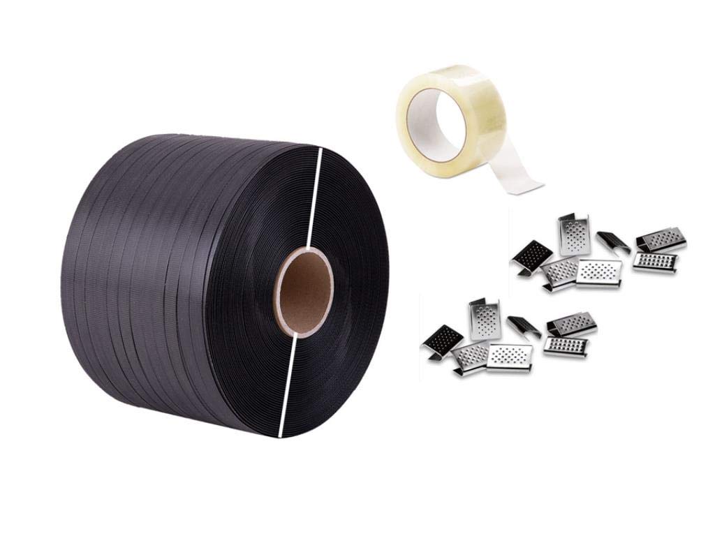REGGIA + SIGILLI Reggetta polipropilene manuale 12x0,6 mm 1000mt x 1 bobina nera .Foro 62mm.+ BOX da 250 sigilli bulinati 13x0,5 (5/10) +Nastro Adesivo