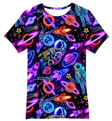 Image of uideazone Neon Rocket Tshirts for Boys Kids 8T Summer 80s Short Sleeve T-Shirt 3D Graphic Print Tee Shirts 8-9 Years