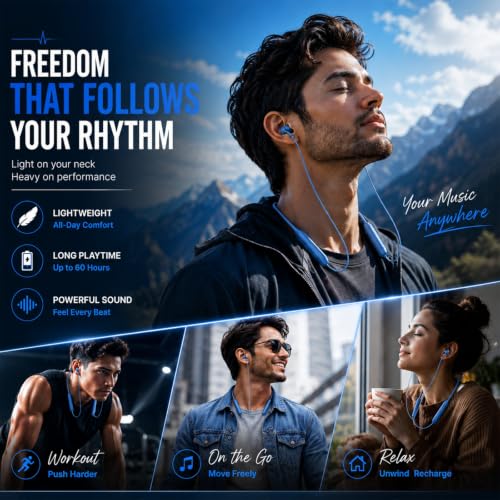 Image of Kratos Blue Bluetooth Neckband with 55H Playtime, Deep Bass, Stereo Sound, HD Calls, Magnetic Earbuds, Voice Assistant, Type-C Fast Charging, Rich Audio, Hollow Switch for Comfort & Style