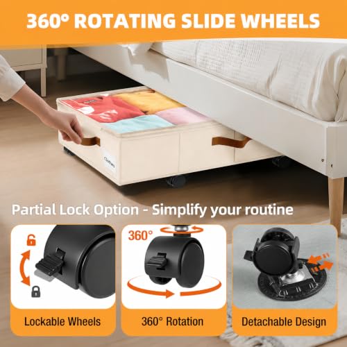 Image of Under Bed Storage with Wheels,Underbed Storage with Sturdy Sidewalls /Bottom, Clear Cover, Label and PU Handle, Rolling Under Bed Drawers for Clothes, Shoes, 6.5 Inch Height,Beige, 2 Pack