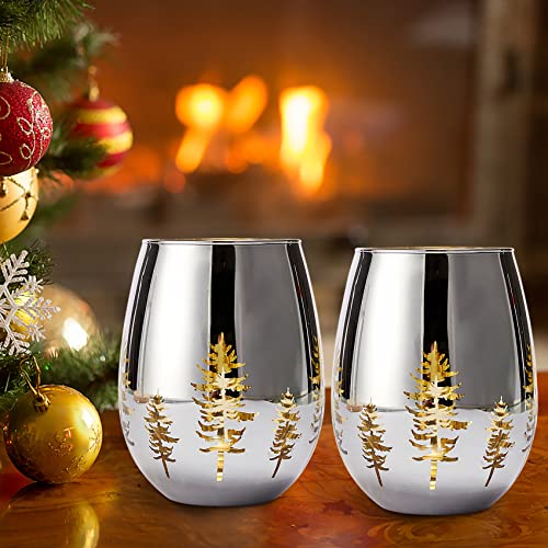 Crystal Tree Wine & Water Stemless Glasses - Set Of 2 - Gold Themed Vibrant Etched Winter Snow Wonderland Frosted Glass, Perfect For Seasonal Parties, Gifts For Him & Her Trees #TOP2