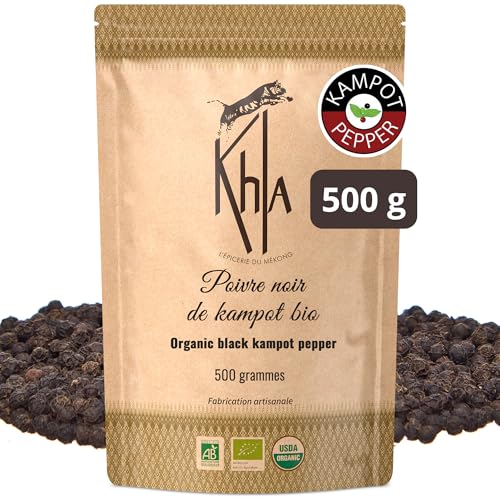 Khla - Pimienta Negra de Kampot 500g - Pimienta en Grano Orgánica - Grand Cru, Rara y Delicada - Ingrediente de Cocina - Directo del Productor - Especia Asiática - Origen Camboya