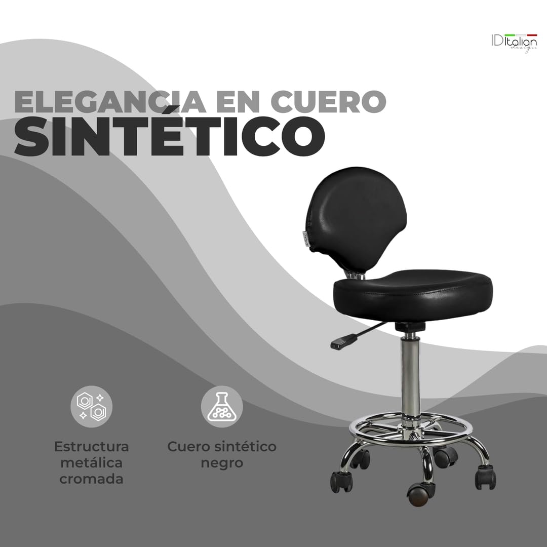 Italian Design - Taburete Ferrara con Respaldo Negro - Ajustable en Altura - Diseño Ergonómico - Tapizado en Cuero Sintético - Base Estable con Ruedas Giratorias - Ideal para Entornos Profe