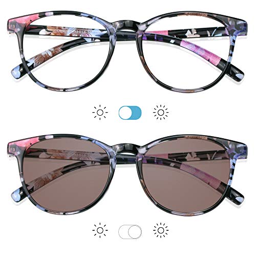 Image of YEIN Blue Light Blocking Glasses, Spring Hinge Photochromic Brown Sunglasses, Computer Reading Glasses, Gaming Glasses, TV Glasses for Women Men(Pink Floral,+0.50 Magnification)