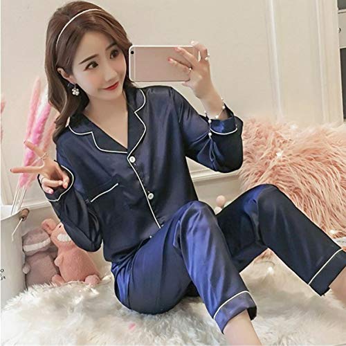 Conjunto de pijama feminino de seda PRETYZOOM de manga comprida (rosa) – Tamanho M, Azul marino, M