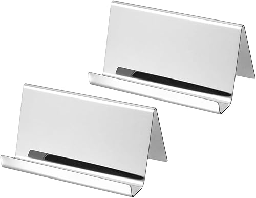 PATIKIL Soporte para tarjetas de visita, paquete de 2 soportes reflectantes de acero inoxidable 304 para tarjetas de identificación, soporte de