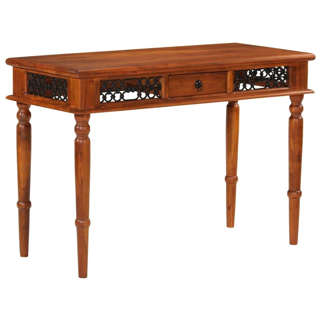 Scrivania in legno di acacia massiccio con cassetto, 110 x 50 x 76 cm, tavolo da lavoro per casa, ufficio, studio, segretario con maniglia in metallo e finitura color miele