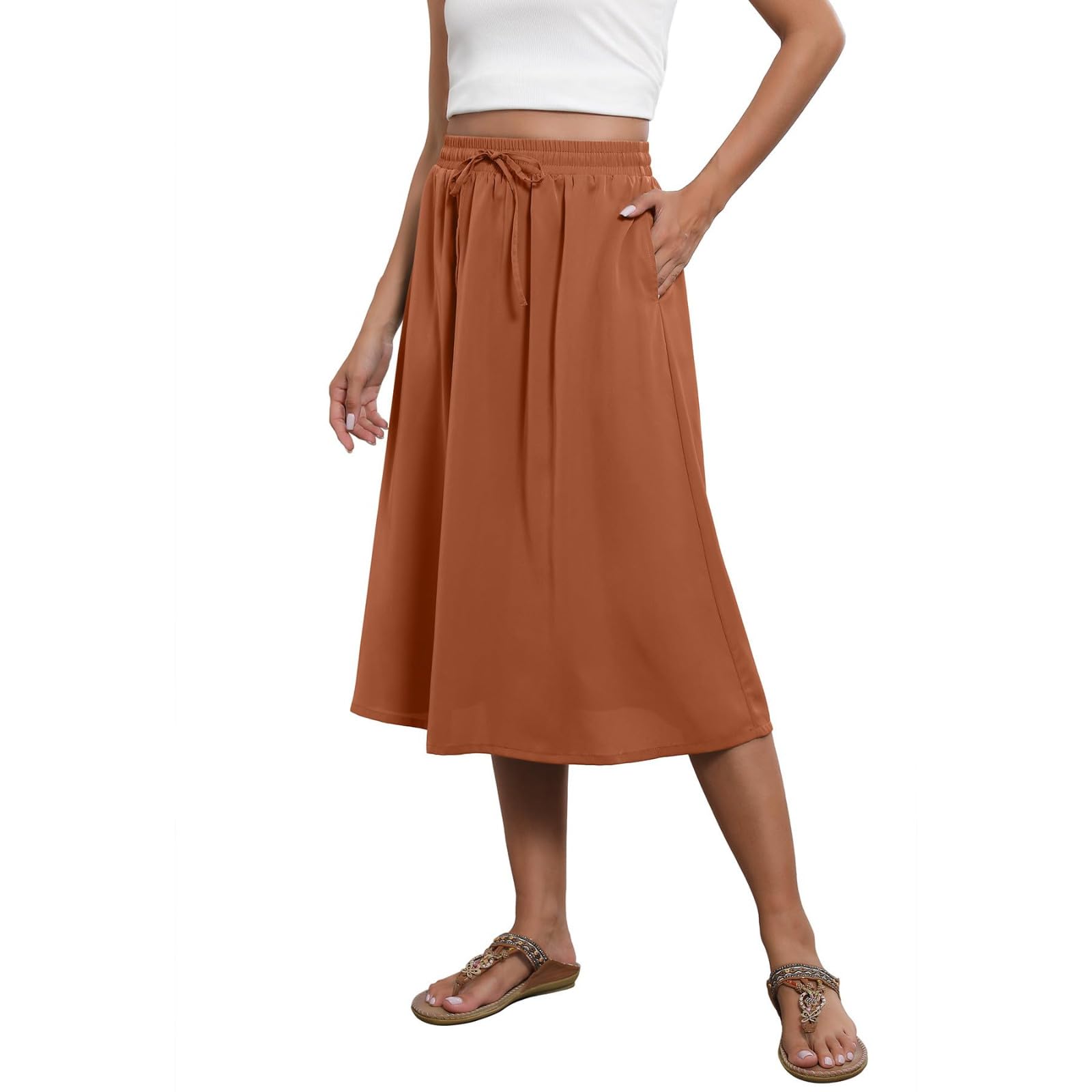 Womens Summer Skirt Boho Flowy Swing Tiered A-Line Midi Skirt Fashion Trendy Elastic Waist Pleated Long Beach Dress