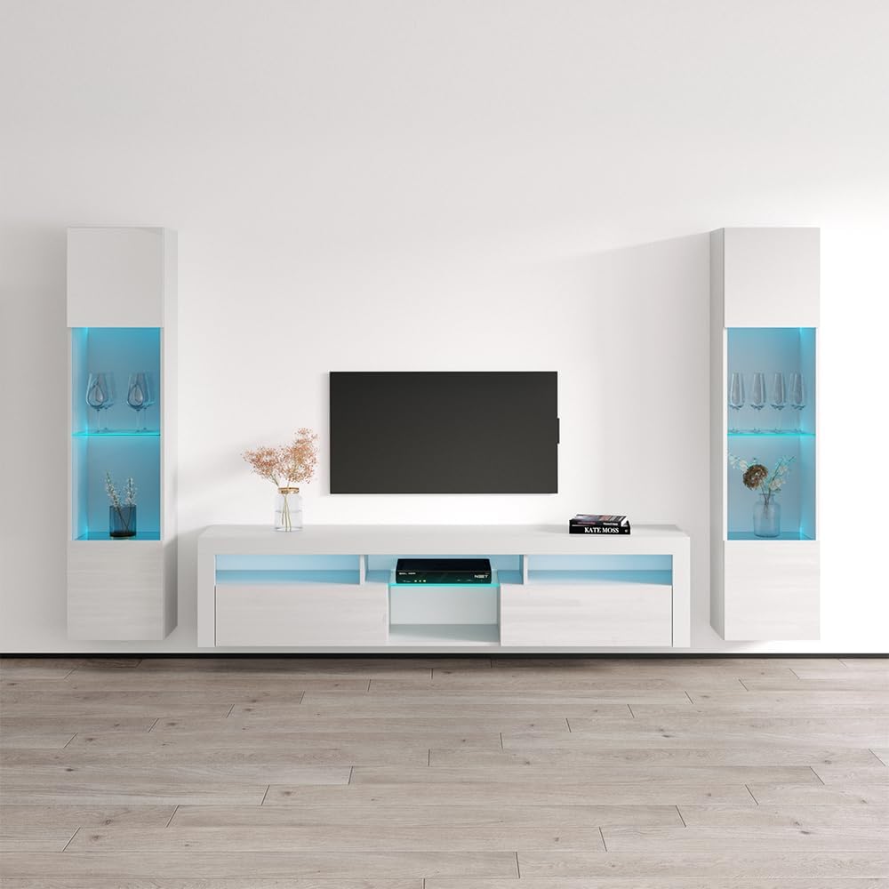 Meble Furniture Bari 200 40'' Wall-Mounted Entertainment Center — Floating TV Stand with Storage and LED Lights — Modern High Gloss, 40 x 15 x 10 in — White