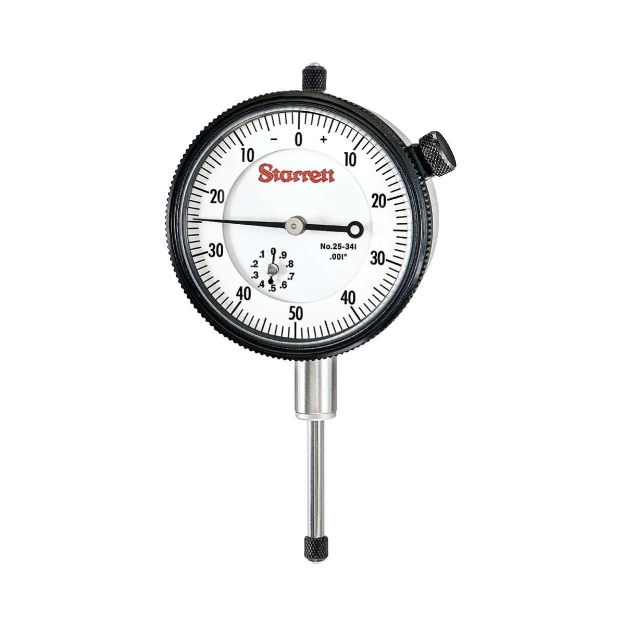 25-631J Dial Indicator, 0.375" Stem Dia, Lug-on-Center Back, White Dial, 0-50 Reading, 2.25" Dial Dia, 0-1" Range, 0.0005" Graduation
