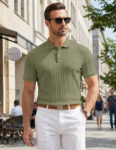 Image of JMIERR Men's Casual Polo Shirt Knitted Textured Short Sleeve Stretch Golf Shirt Summer Vacation Beach Collared Shirts