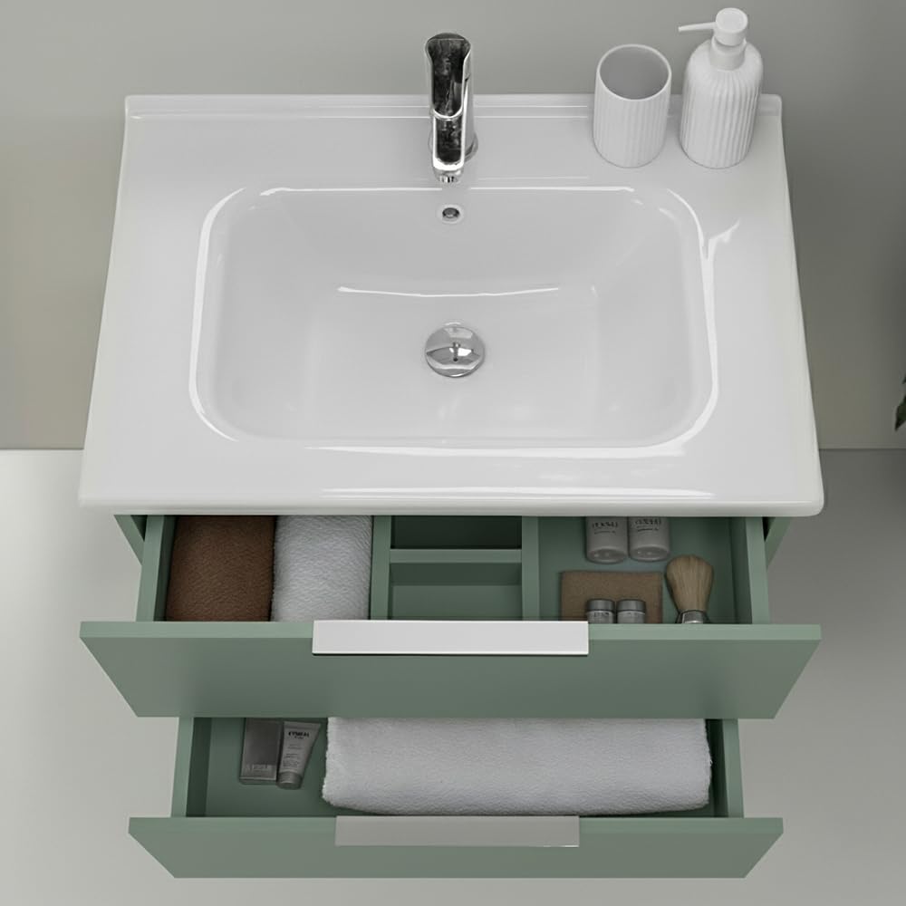 Inbagno Mobile Bagno Sospeso 80 Cm Verde Opaco Con 2 Cassetti Soft-Close Lavabo In Ceramica E Specchio Rettangolare – Linea Elva