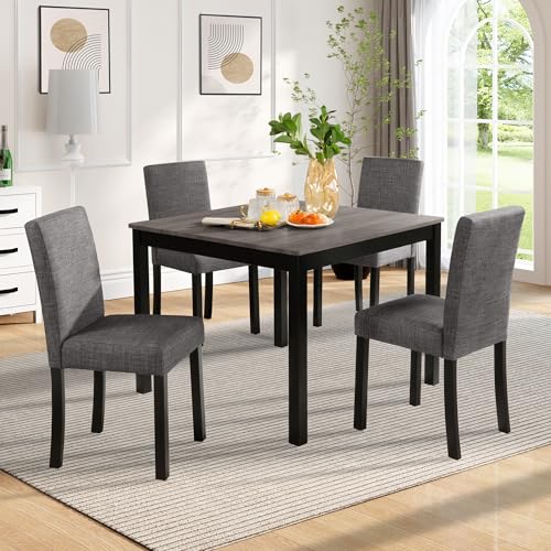Image of KEIKI 5-Piece Standard Height Dining Table Set with Square Table and 4 Upholstered Curved Backrset Chair, for 4 Person, Modern Wooden Table Set, Easy Assembly, for Kitchen, Dining Room, Black+Gray