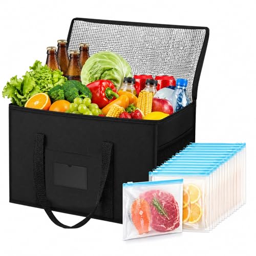 Solivive Glacière Pliable Sac Isotherme 40L, Grand Sac Isotherme Doux avec 15 Pcs Sac de Conservation, pour Barbecue, Camping, Plage, Pique-Nique,Voyage et Courses