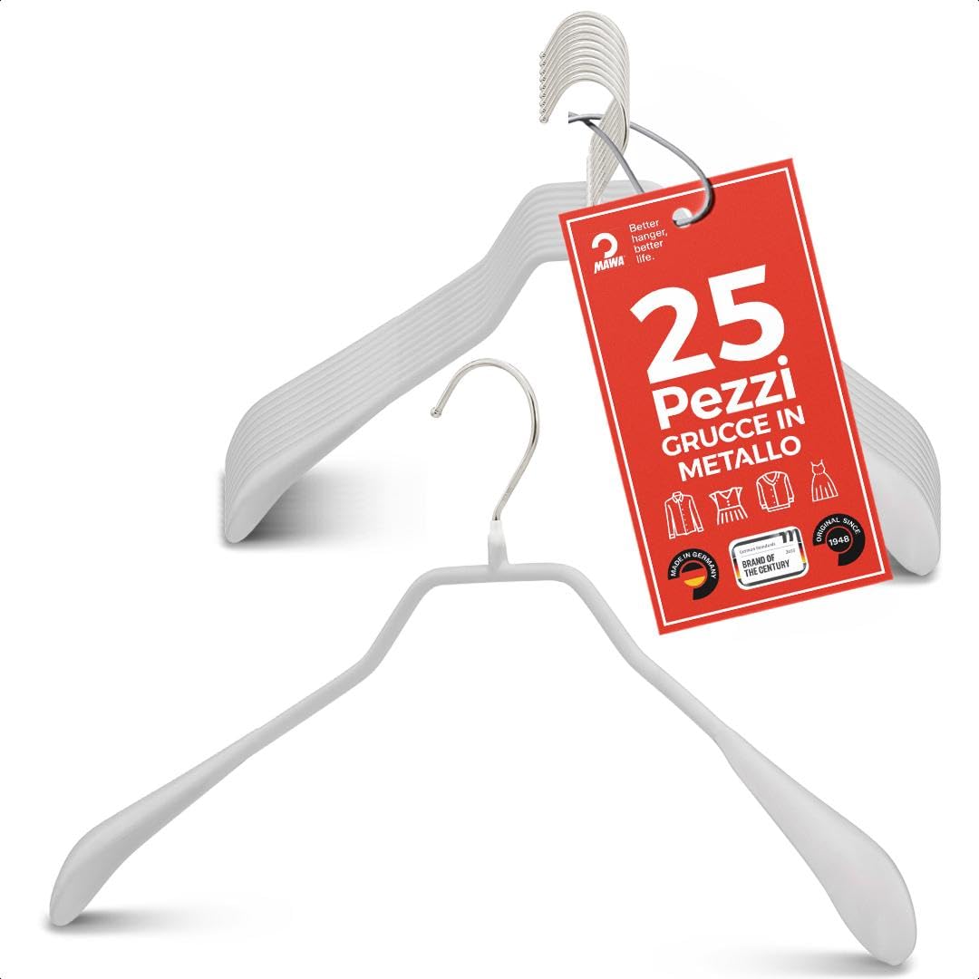 MAWA Grucce Appendiabiti Ergonomiche in Metallo, Set di 25, Ideali per Cappotti, Giacche, Blazer e Completi, Gancio Girevole 360°, Rivestimento Antiscivolo, 42 cm, Bianco